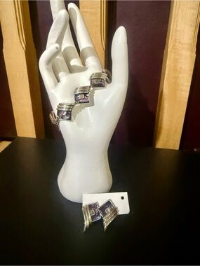 🇨🇦 VTG 80s BUTLER Modernist Link Bracelet & Earring Set Faux Abalone Brutalist